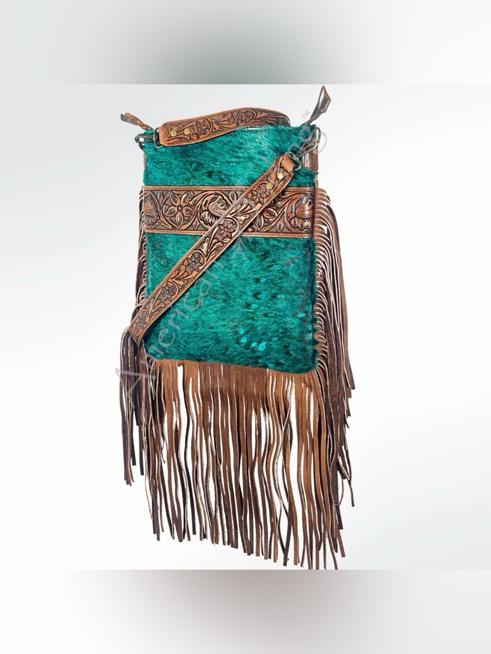 Western darling Turquoise Fringe Crossbody Bag with Tooled Leather Strap